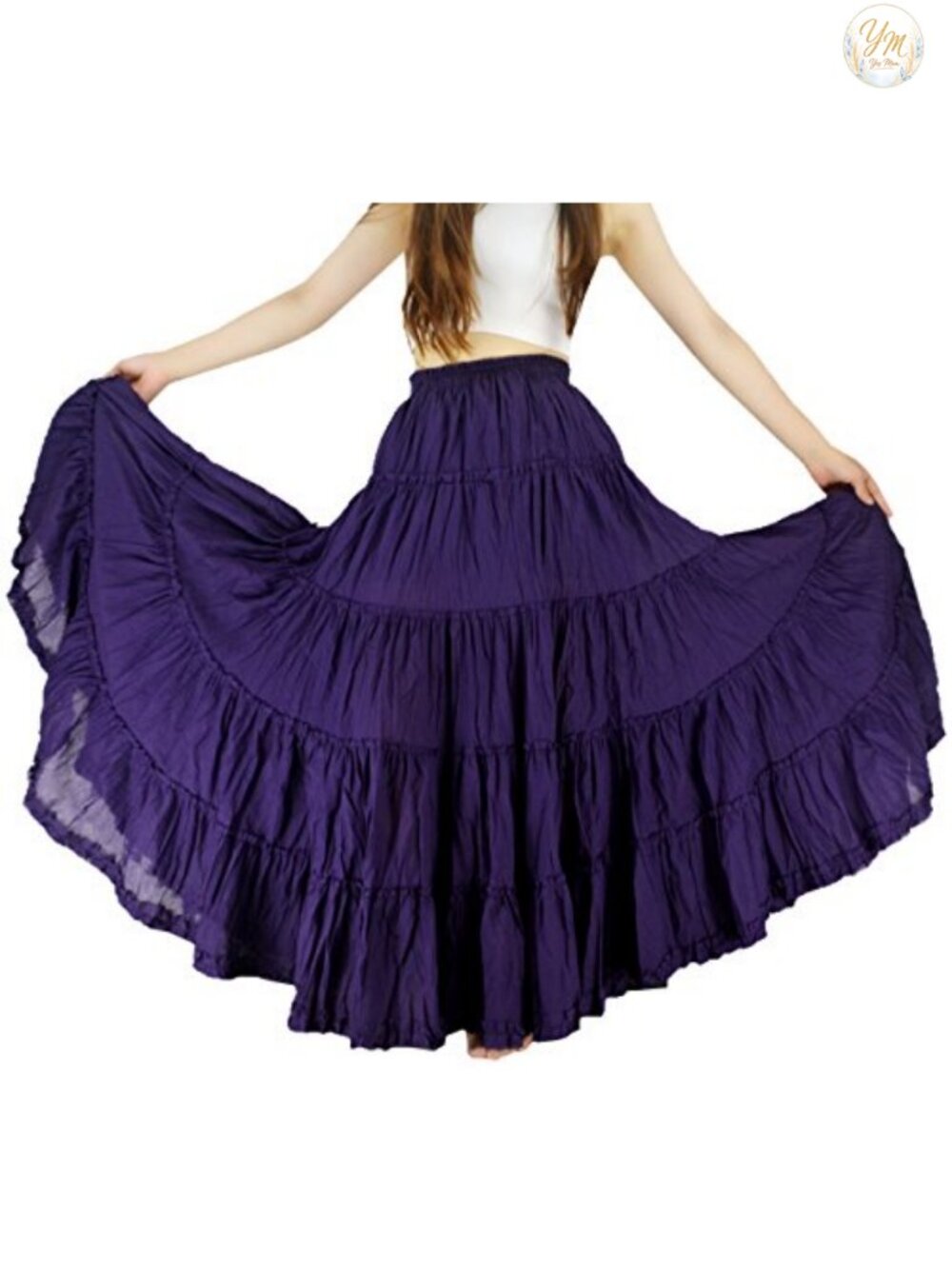 Women's Maxi Skirt Boho Pleated Cotton Tiered A-Line Long Dance Skirt